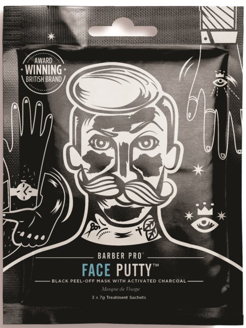 Ett svartvitt ansiktsmaskpaket med en mans ansikte med mustasch, omgiven av hand- och ögonteckningar.