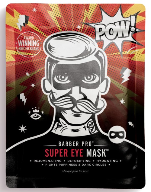Zwart-wit illustratie van een man met snor, die een masker draagt, op kleurrijke stripverhaal-achtige verpakking met 'POW!'.