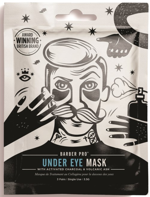 En svart-hvitt illustrasjon av en mann med bart, under-øye masker, omgitt av frisørtøy og stjerner.