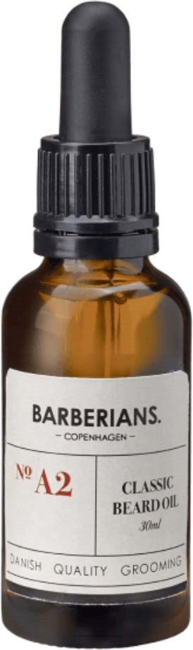 Kleine bruine fles met zwarte druppelkop, gelabeld 'Barberians' voor baardverzorging, 30 ml.