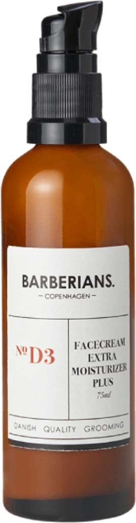 En brun flaske med pumpe mærket 'Barberiains. København' og 'Facecream Extra Moisturizer Plus'.
