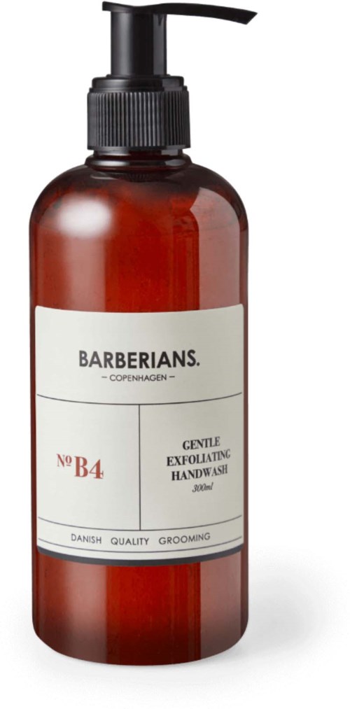 Ein braune Flasche mit Pump, beschriftet 'Barberians Gentle Exfoliating Handwash, 300ml, dänische Qualitätspflege.'
