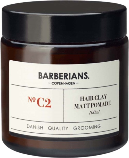 Een bruine potje met Barberians Copenhagen, haarklei matte pomade, 100 ml, Deense kwaliteit verzorging.