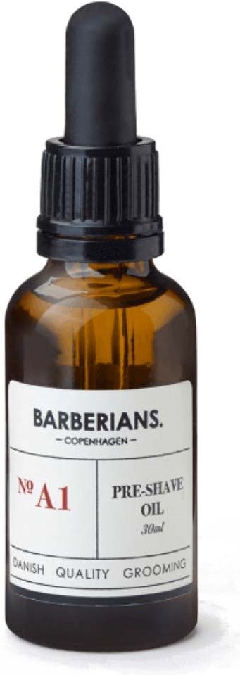 Pieni ruskea pullo mustalla tiputinneellä, merkinnällä 'Barberiands Copenhagen' pre-shave öljy, 30 ml, tanskalainen laatuhoito.