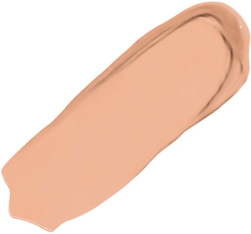 En beige makeupconcealer, lang og buet, med en tyk tekstur og let skinn.
