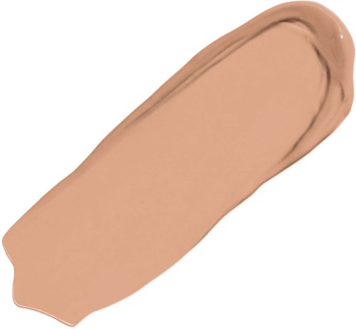 En beige makeupfundament-plet med en buet kant. Den dækker det meste af billedet og har en blank finish.