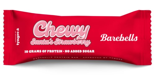 Röd bar med etiketter 'Chewy,' 'Santa's Strawberry' och 'Barebells' som ger protein, utan socker, 10 gram protein.