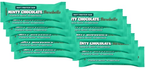 Flera mintchoklads proteinbars i turkos förpackning staplade tillsammans.