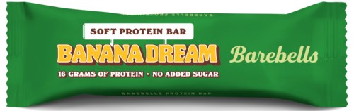 Groene eiwitreep met gele en witte tekst: "Banana Dream" en "Barebells". Bevat 16 gram eiwit.