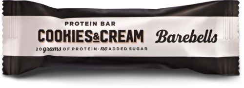 Eiwitreep met cookies & cream smaak, eenvoudige verpakking, bevat 20 gram eiwit, geen toegevoegde suiker.