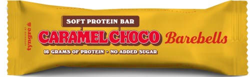 Een gele proteënreep verpakking genaamd Caramel Choco Barebells, met rode en bruine tekst, promoot 16 gram eiwit.