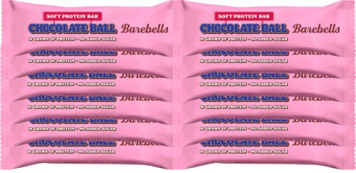Roze verpakking met meerdere chocolade-eiwitrepen met de tekst 'Chocolate Ball' en 'Barebells.'