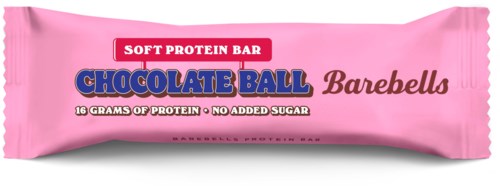 Een roze eiwitrepen genaamd Chocolate Ball, met etiketten informatie over voeding en zonder toegevoegde suiker.