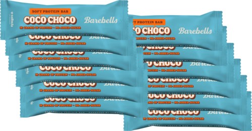 Zes blauwe Barebells Coco Choco eiwitrepen worden weergegeven, met feloranje en witte tekst op de verpakking.