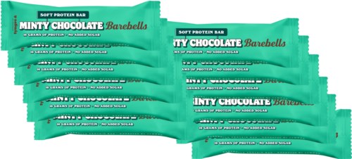 Meerdere groene verpakkingen Minty Chocolate bias bars gestapeld.
