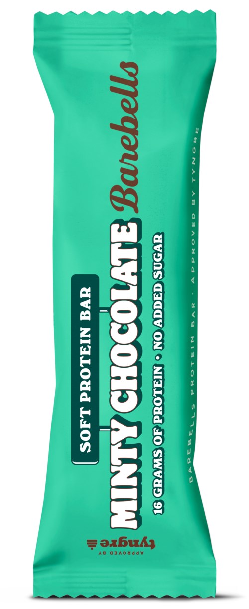 En grön förpackning för ett proteinknäcke märkt 'Bebebell Mini Kokos', med detaljer om proteininnehåll och utan tillsatt socker.