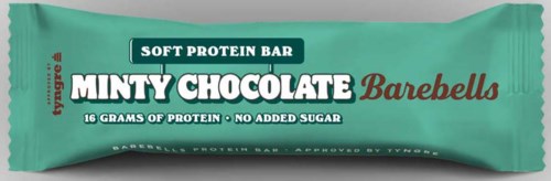 Groene eiwitreep met 'Minty Chocolate Barebells', bevat 16 gram eiwit, geen toegevoegde suiker, goedgekeurd door Tynes.