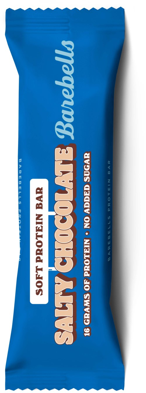 Blå proteinkexpaket med vit och brun text, som visar att det är en salt chokladsmak utan tillsatt socker.