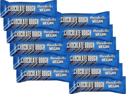 Flere blå chokoladebarer mærket 'Barebells Vegan' er stablet side om side.