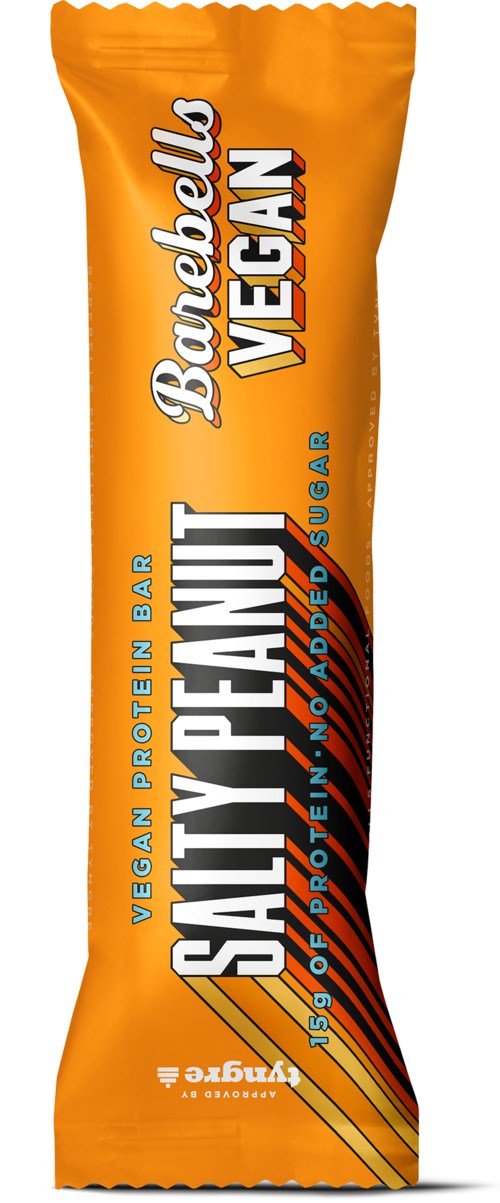 Vegan protein bar with orange wrapper, bold black and white text, and a flavor of salty peanut. Brand name 'Battlebelly Vegan'.