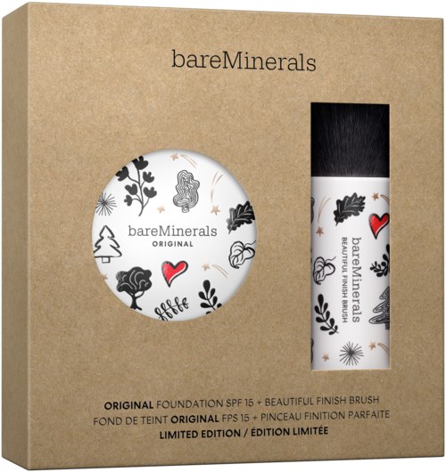 Setet innehåller en grundkompakt och en borste, båda med svartvita botaniska mönster och röda hjärtan.