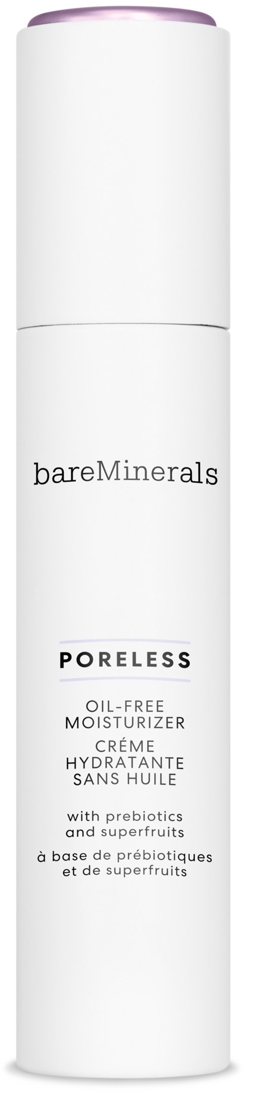 Długa biała butelka z fioletowym korkiem, oznaczona 'bareMinerals PORELESS Oil-Free Moisturizer' do nawilżania skóry.