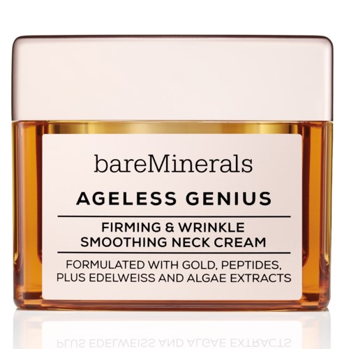 En krukke med hudkrem merket 'bareMinerals AGless GENUIS', lover fasthet, jevning, og laget med naturlige ingredienser.