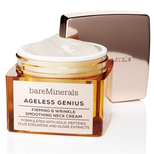 En krukke med hudpleiekräm merket 'bareMinerals AGLESS GENIUS' med en rose gull lokk, viser kremen inni.