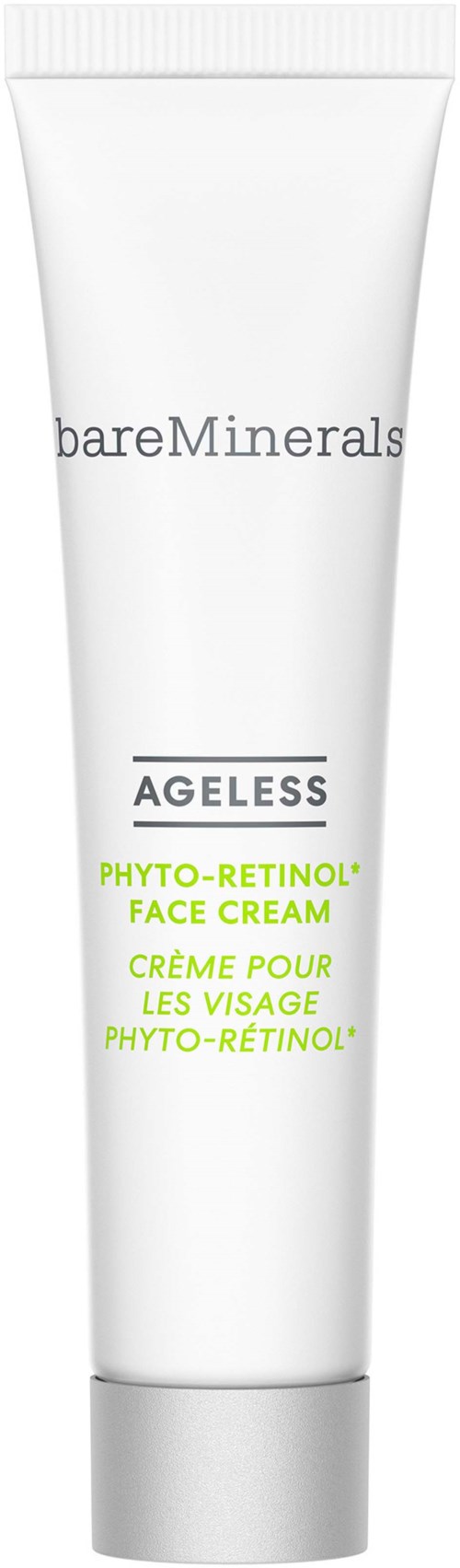 BareMinerals Ageless face cream with plant retinol, for anti-aging skin care. Text is on a white tube.