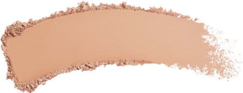 En beige make-up puderprov på vit bakgrund med ojämna kanter och slät mitt.