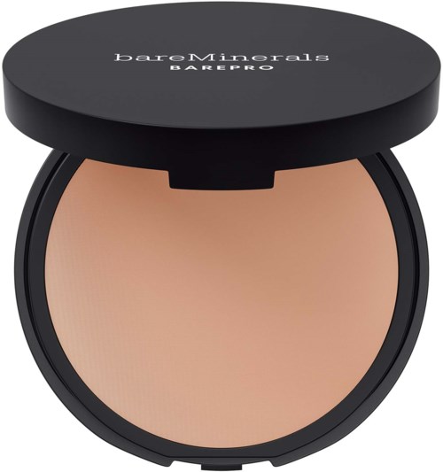 A round compact makeup container with a black lid and the brand name 'bareMinerals BAREPRO' printed on top.