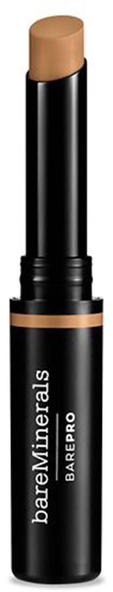 Et beige sminkeprodukt med svart rør, merket "bareMinerals BAREPRO."