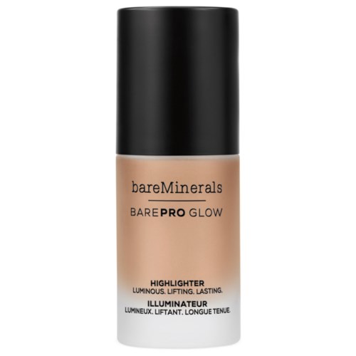 En beige flytande highlighter i en pumpflaska med svart lock, märkt 'bareMinerals' och 'bARE PRO GLOW'.