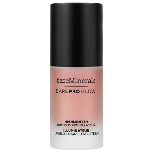 BareMinerals BarePRO Glow highlighter -pullo, musta korkki ja vaaleanpunainen runko.