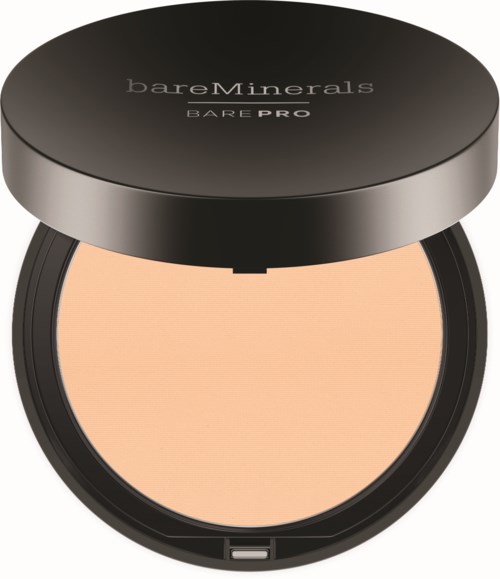 Eine kompakte Puderbox mit schwarzem Deckel und beigem Puder. BareMinerals Bare Pro-Logo auf dem Deckel.