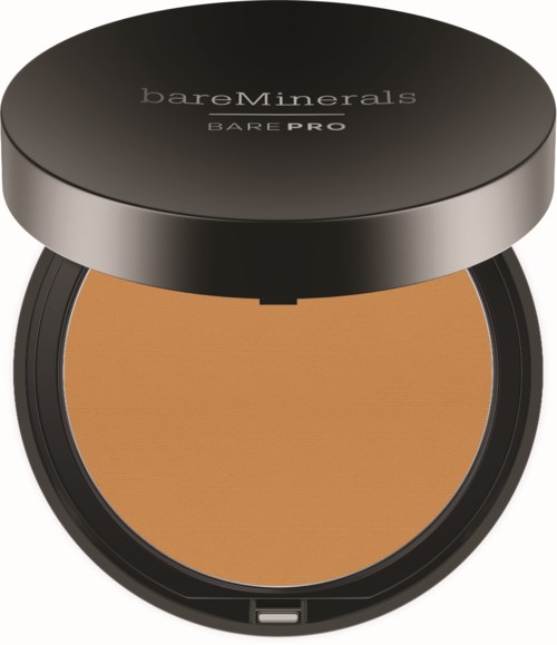Ein kleines Make-up-Produkt mit schwarzem Deckel mit der Beschriftung 'bareMinerals BARE PRO' und heller brauner gepresster Puder.