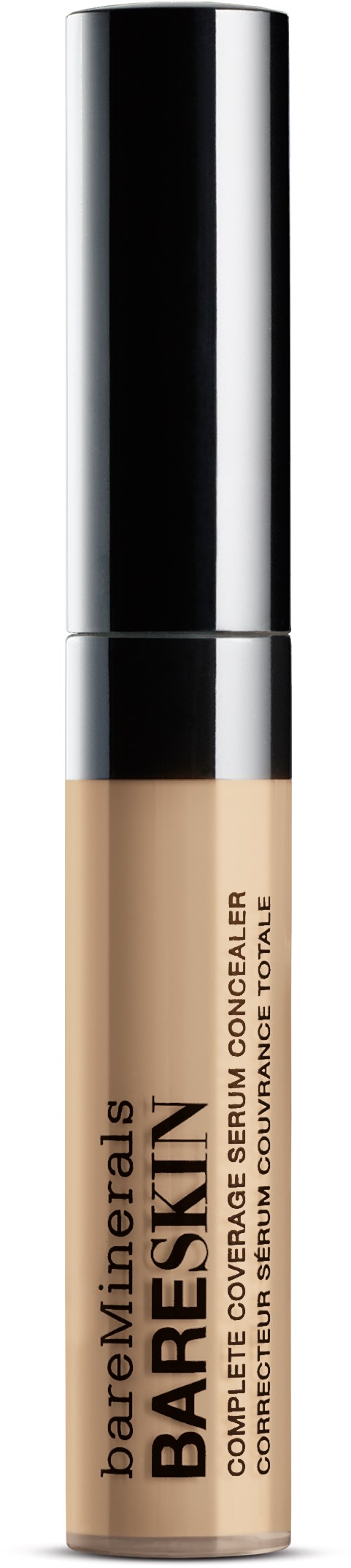 En concealerpenn med sølvhette, merket BareMinerals BARESKIN Complete Coverage Serum Concealer på en svart bakgrunn.