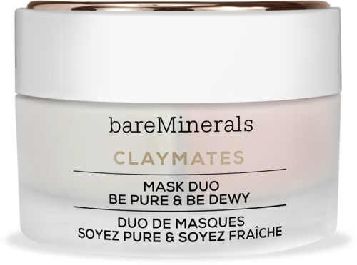 En vit burk med ett roséguldlock, märkt 'bareMinerals CLAYMATIES MASK DUO BE PURE & BE DEWY' i svart och guldtext.