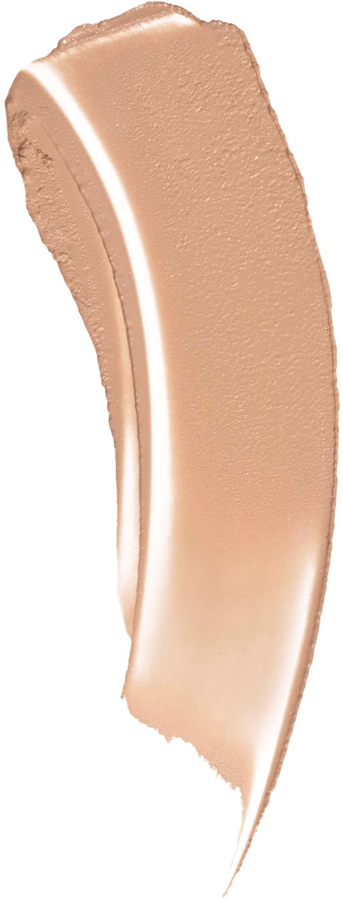A curved streak of beige makeup or foundation on a white background.