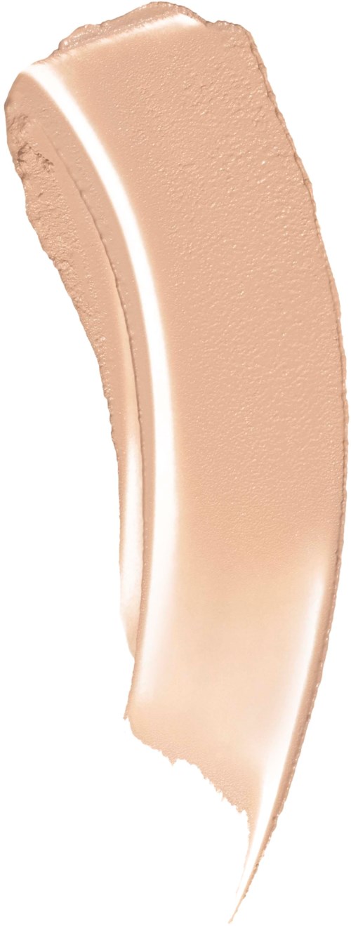 A beige, smooth, curved makeup foundation swatch on a white background.