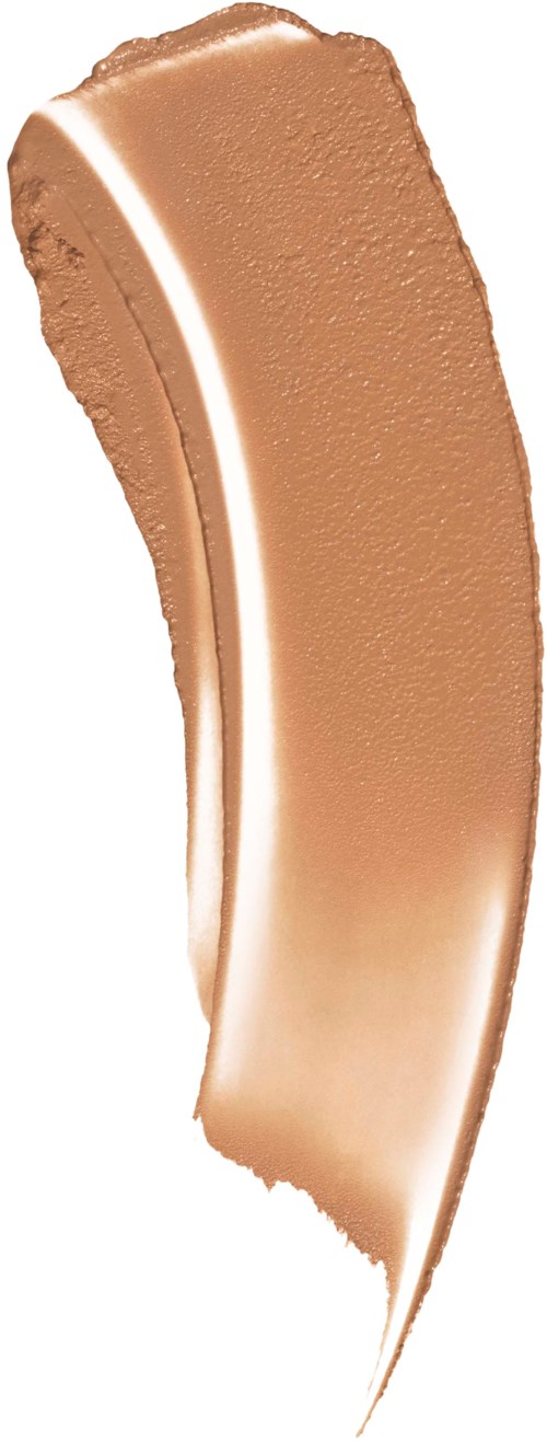 A sleek, curved makeup concealer or foundation stick in a beige color.