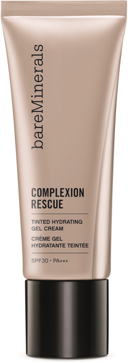 A beige tube with black cap labeled 'bareMinerals Completion Rescue Tinted Hydrating Gel Cream' with SPF 30.