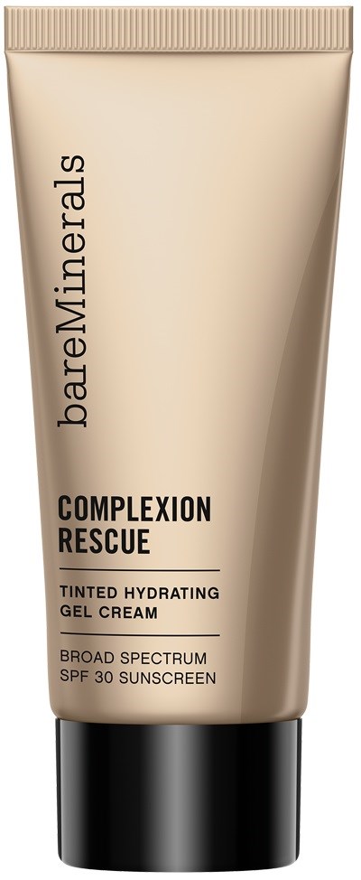 Beżowa tubka z koloryzującym nawilżającym żelem kremem z czarną nakrętką, oznaczona BareMinerals Complexion Rescue SPF 30.
