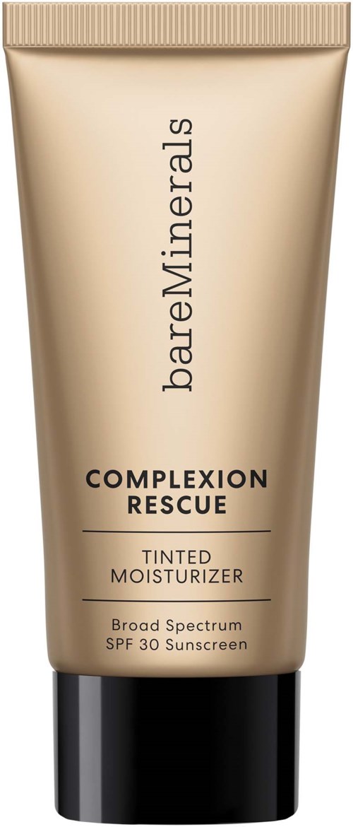 En beige tub av bareMinerals complexion rescue tonad fuktighetskräm med SPF 30. Svart lock längst ner.