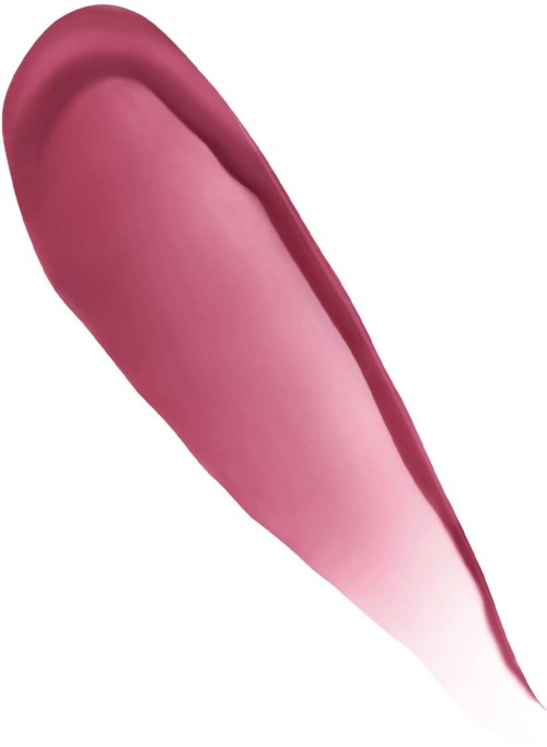 En rosa läppstiftstift smutsad på en vit yta, visar spetsen och delen av behållaren.
