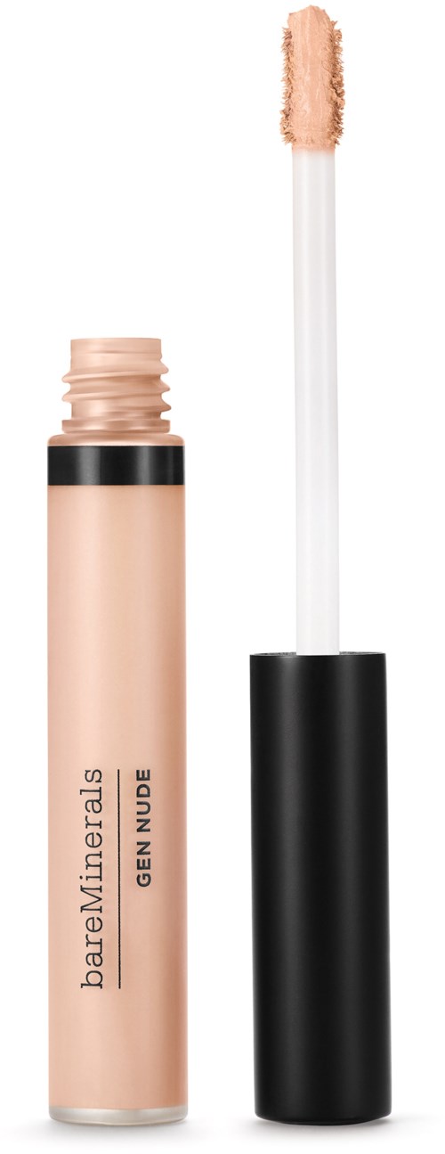 Kasvomeikki-sivu, jossa on aplikaattori, otsikolla "bareMinerals GEN NUDE," esittää beigen väristä tuotetta.