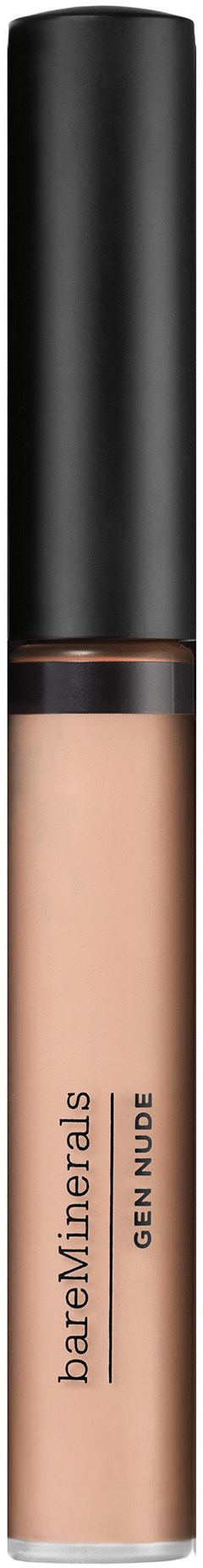 Beige nestemäinen peiteaine, jossa musta kansi ja ruusukullanauha, merkiltään BareMinerals Gen Nude.