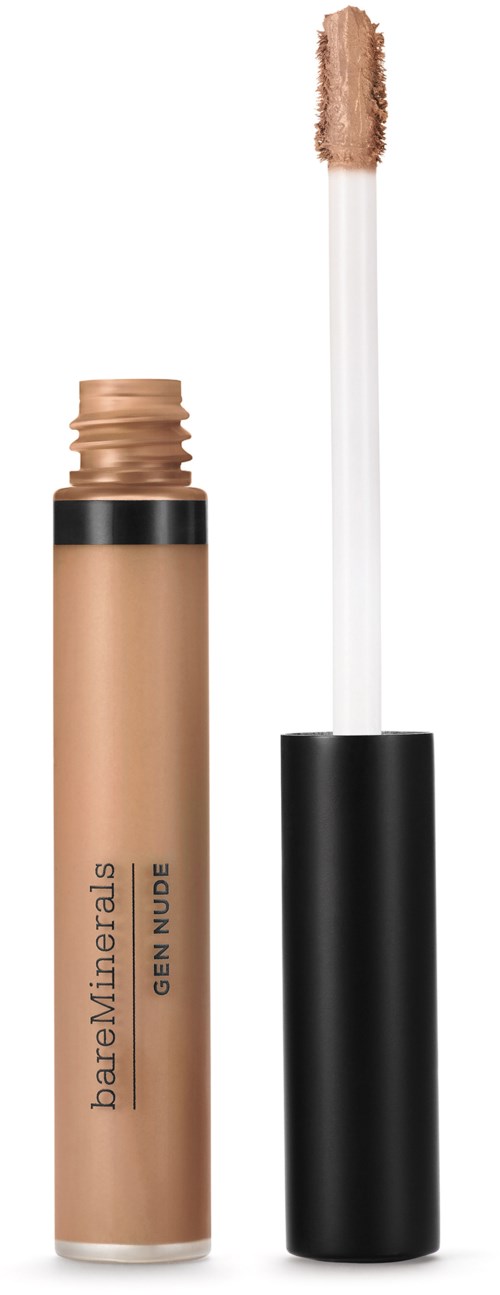 A tube of beige liquid concealer with a black cap and wand applicator.