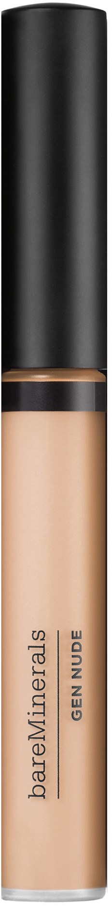 Beige concealer-putki, jossa musta kansi ja kultainen rengas, merkintä 'bareMinerals GEN NUDE' mustalla taustalla.