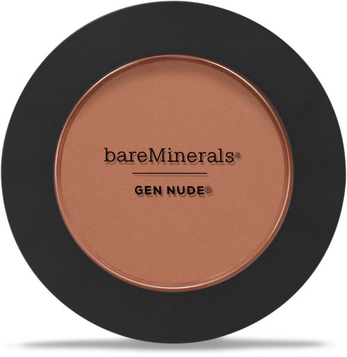Rund makeup-kompakt med beige pudder indeni, mærket 'bareMinerals GEN NUDE'.